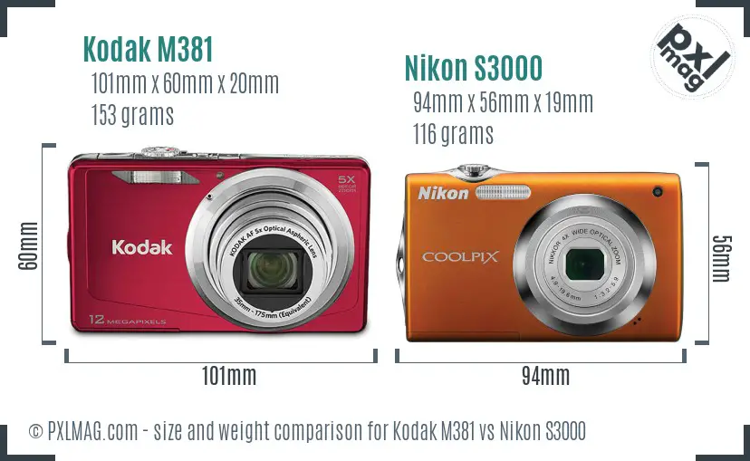 Kodak M381 vs Nikon S3000 size comparison