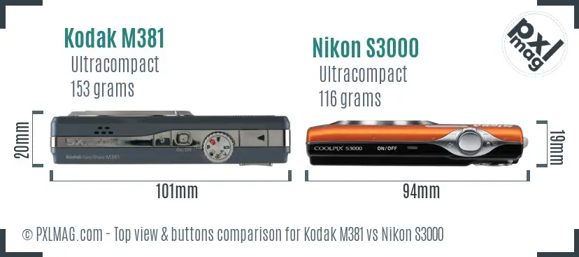 Kodak M381 vs Nikon S3000 top view buttons comparison