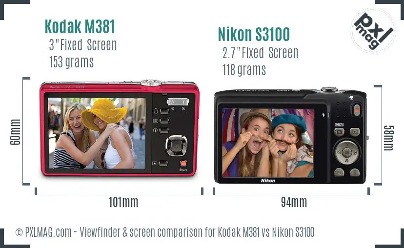 Kodak M381 vs Nikon S3100 Screen and Viewfinder comparison