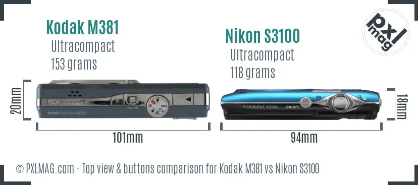 Kodak M381 vs Nikon S3100 top view buttons comparison