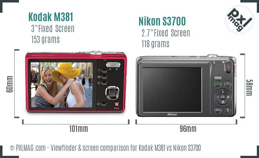 Kodak M381 vs Nikon S3700 Screen and Viewfinder comparison