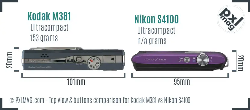 Kodak M381 vs Nikon S4100 top view buttons comparison