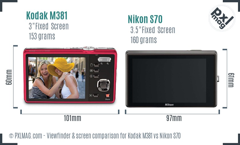 Kodak M381 vs Nikon S70 Screen and Viewfinder comparison