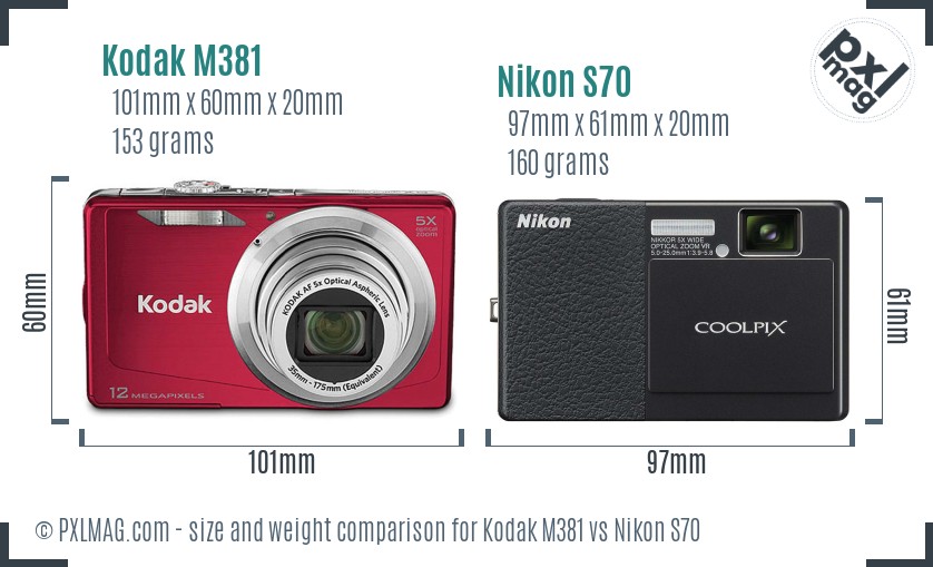 Kodak M381 vs Nikon S70 size comparison
