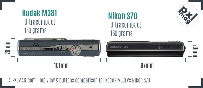 Kodak M381 vs Nikon S70 top view buttons comparison