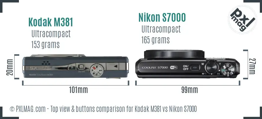 Kodak M381 vs Nikon S7000 top view buttons comparison
