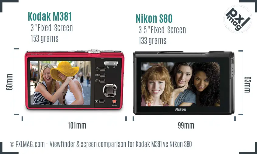 Kodak M381 vs Nikon S80 Screen and Viewfinder comparison