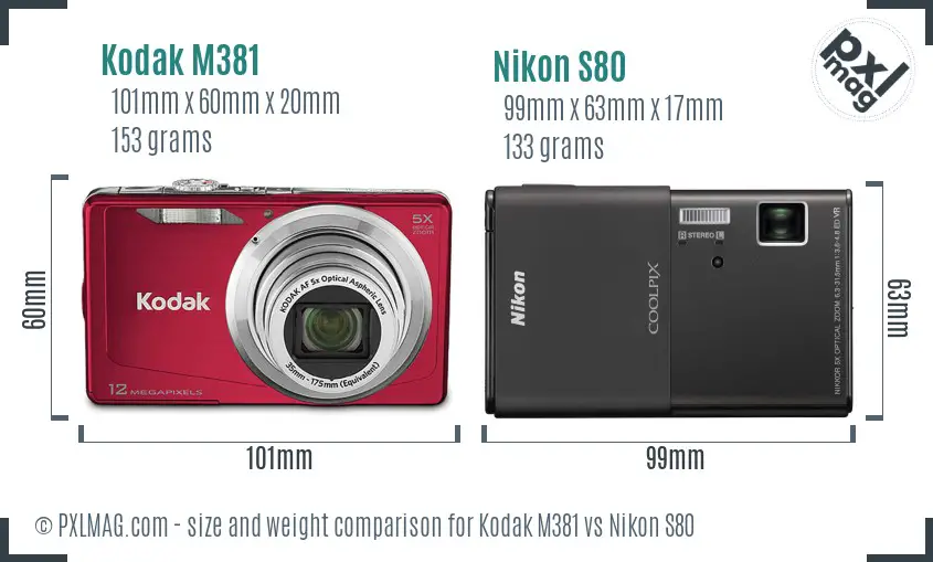 Kodak M381 vs Nikon S80 size comparison