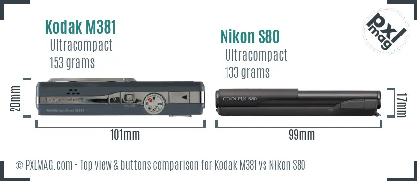Kodak M381 vs Nikon S80 top view buttons comparison