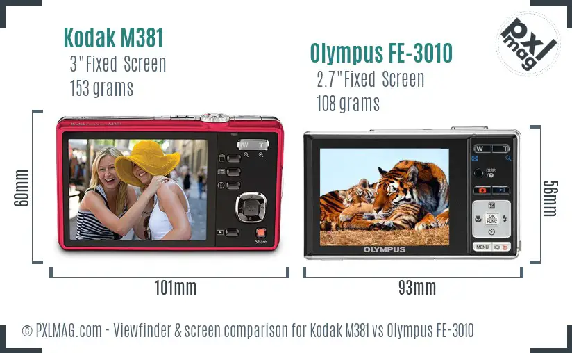 Kodak M381 vs Olympus FE-3010 Screen and Viewfinder comparison