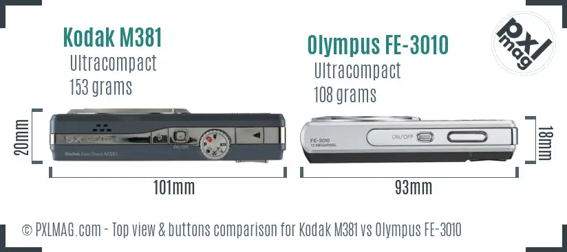 Kodak M381 vs Olympus FE-3010 top view buttons comparison