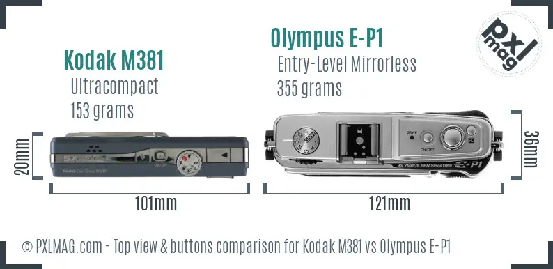 Kodak M381 vs Olympus E-P1 top view buttons comparison