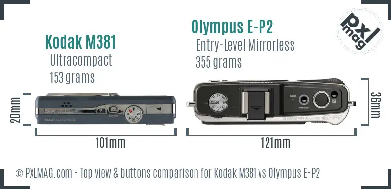 Kodak M381 vs Olympus E-P2 top view buttons comparison