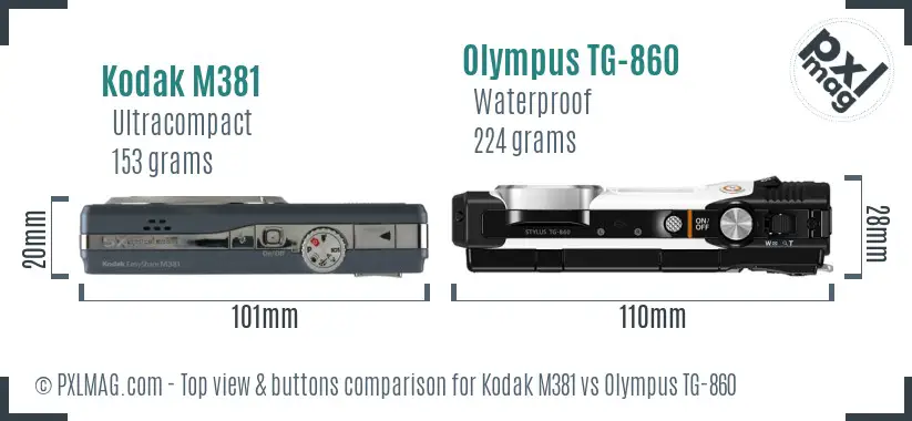 Kodak M381 vs Olympus TG-860 top view buttons comparison