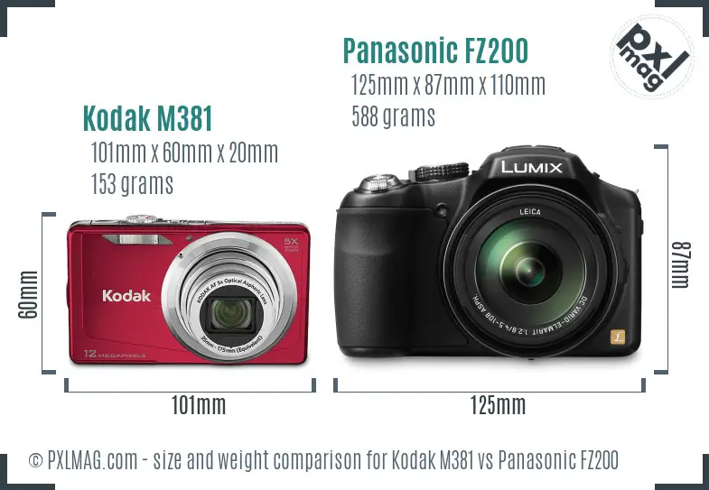 Kodak M381 vs Panasonic FZ200 size comparison