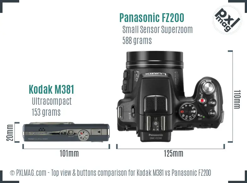 Kodak M381 vs Panasonic FZ200 top view buttons comparison