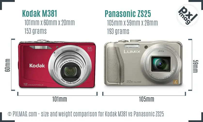 Kodak M381 vs Panasonic ZS25 size comparison