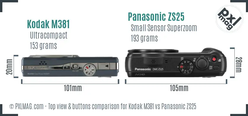 Kodak M381 vs Panasonic ZS25 top view buttons comparison