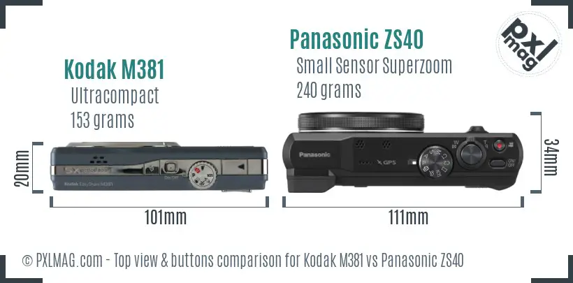 Kodak M381 vs Panasonic ZS40 top view buttons comparison