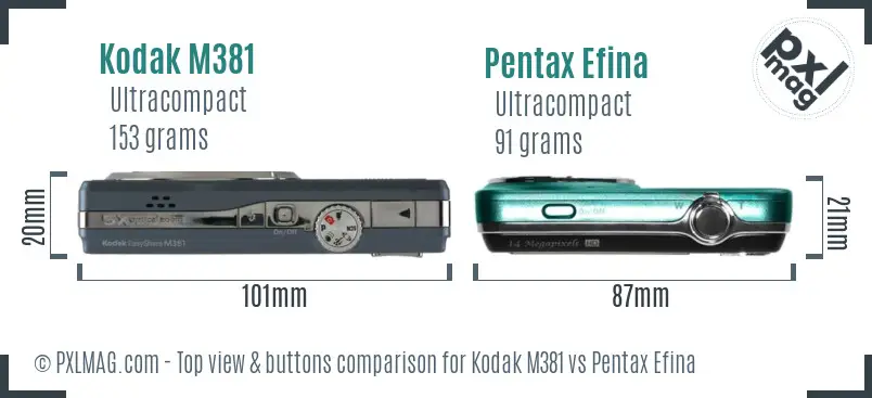 Kodak M381 vs Pentax Efina top view buttons comparison Kodak M381 vs Pentax Efina top view buttons comparison