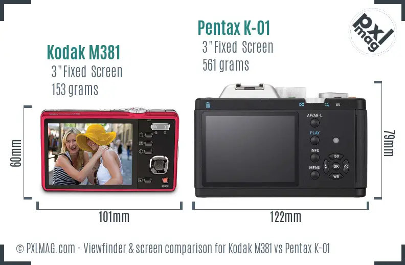 Kodak M381 vs Pentax K-01 Screen and Viewfinder comparison