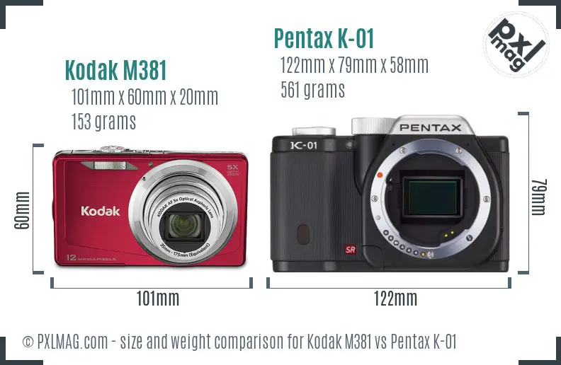 Kodak M381 vs Pentax K-01 size comparison