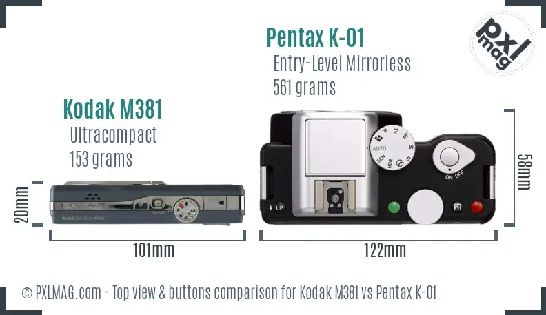 Kodak M381 vs Pentax K-01 top view buttons comparison
