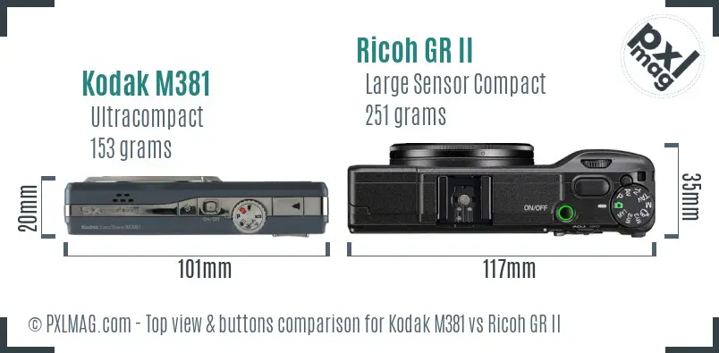 Kodak M381 vs Ricoh GR II top view buttons comparison