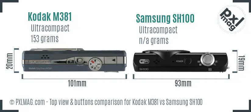 Kodak M381 vs Samsung SH100 top view buttons comparison Kodak M381 vs Samsung SH100 top view buttons comparison