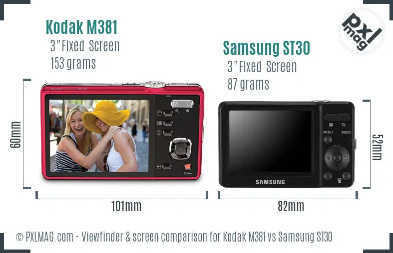 Kodak M381 vs Samsung ST30 Screen and Viewfinder comparison