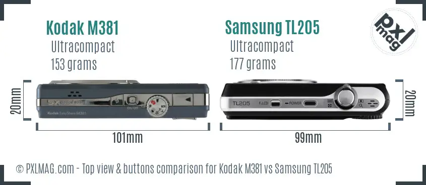Kodak M381 vs Samsung TL205 top view buttons comparison