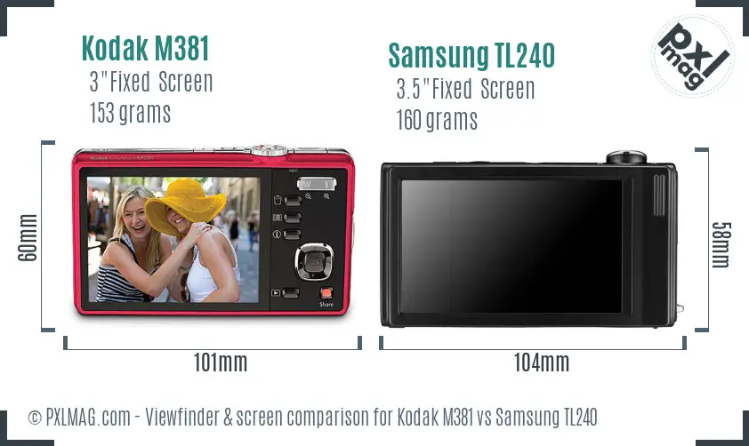 Kodak M381 vs Samsung TL240 Screen and Viewfinder comparison