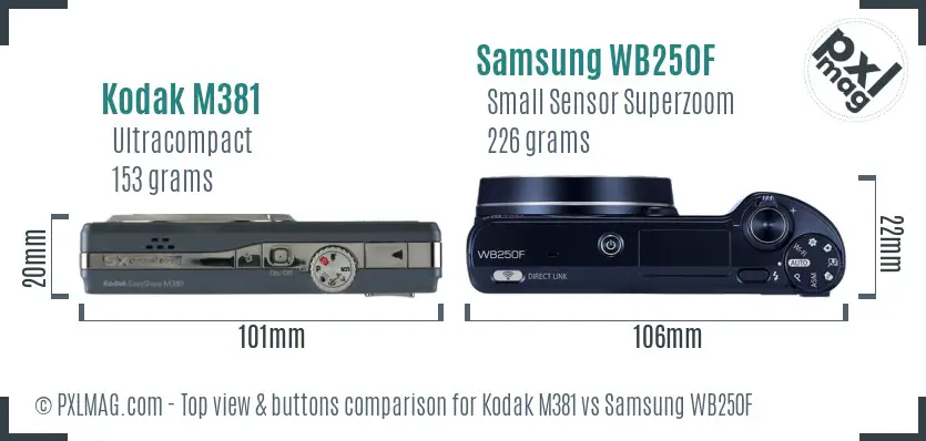 Kodak M381 vs Samsung WB250F top view buttons comparison