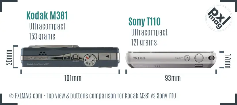 Kodak M381 vs Sony T110 top view buttons comparison