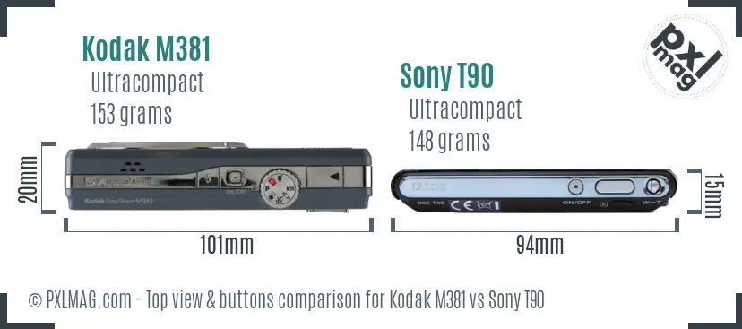 Kodak M381 vs Sony T90 top view buttons comparison