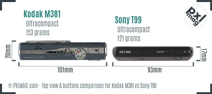 Kodak M381 vs Sony T99 top view buttons comparison
