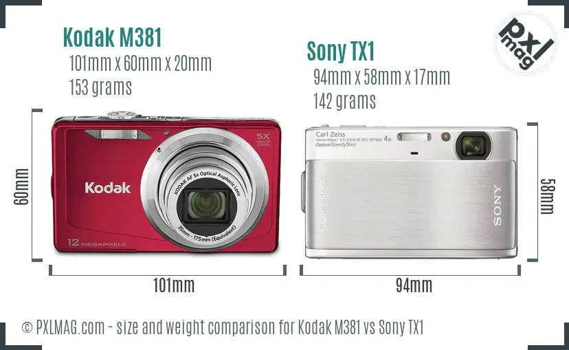 Kodak M381 vs Sony TX1 size comparison