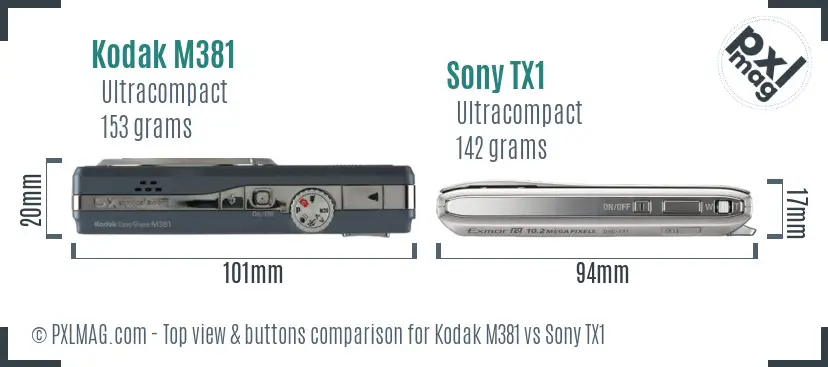 Kodak M381 vs Sony TX1 top view buttons comparison