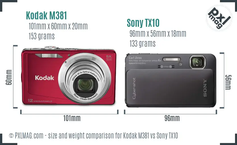 Kodak M381 vs Sony TX10 size comparison