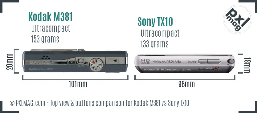 Kodak M381 vs Sony TX10 top view buttons comparison