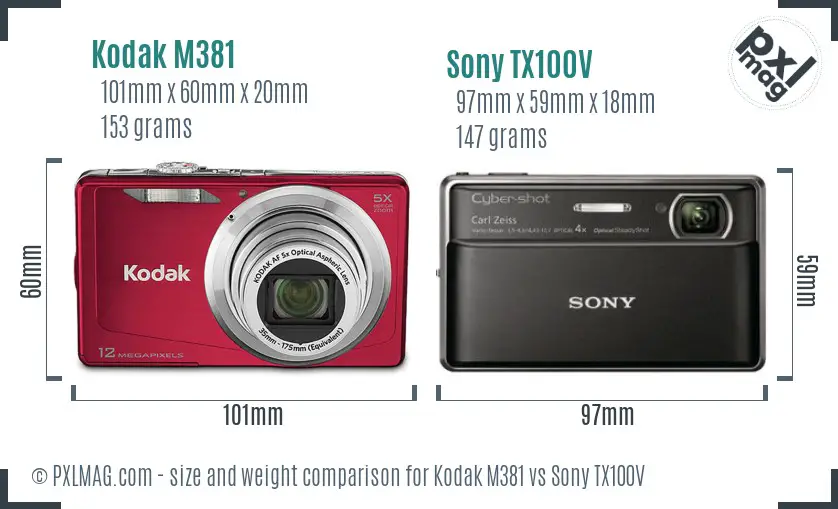Kodak M381 vs Sony TX100V size comparison