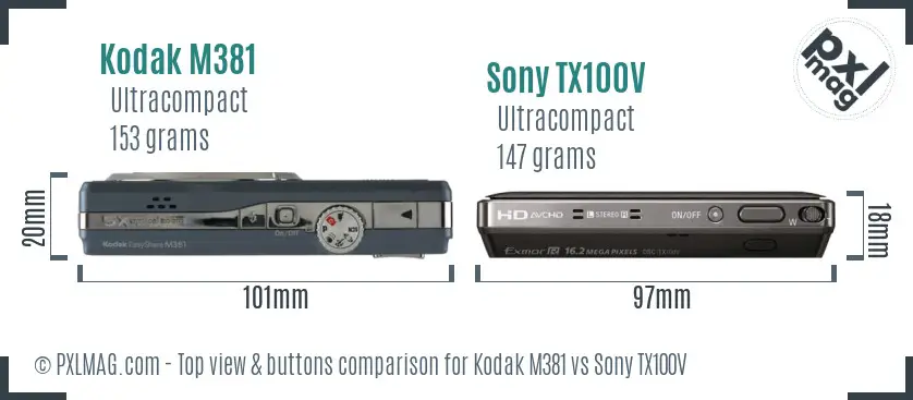 Kodak M381 vs Sony TX100V top view buttons comparison