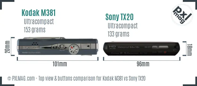 Kodak M381 vs Sony TX20 top view buttons comparison