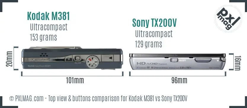 Kodak M381 vs Sony TX200V top view buttons comparison