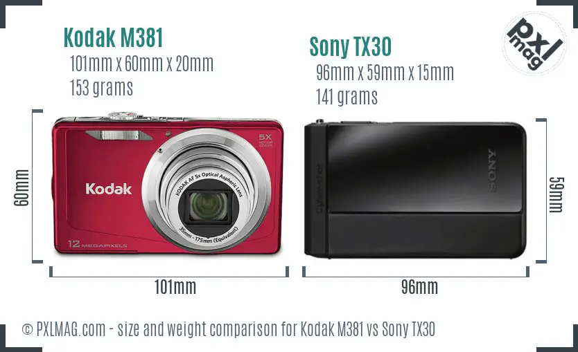 Kodak M381 vs Sony TX30 size comparison