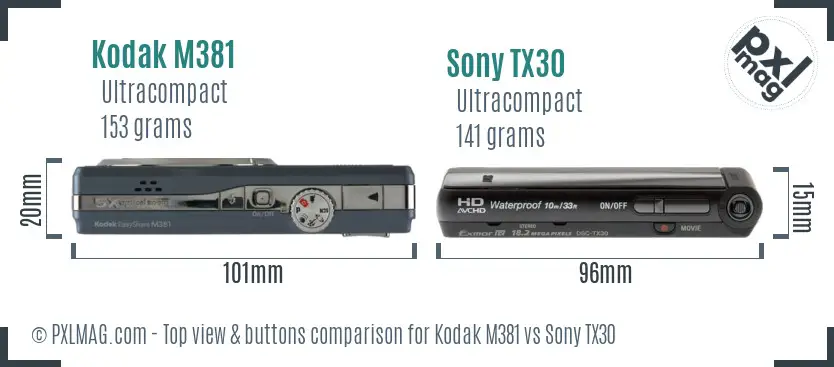 Kodak M381 vs Sony TX30 top view buttons comparison