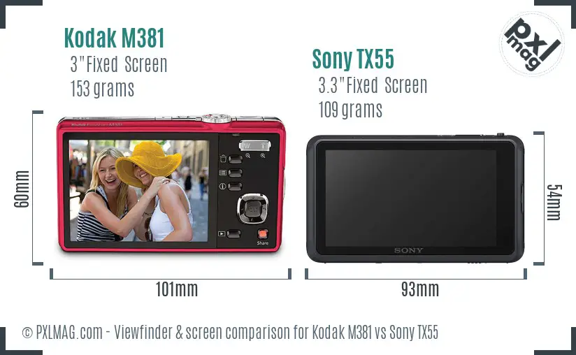 Kodak M381 vs Sony TX55 Screen and Viewfinder comparison