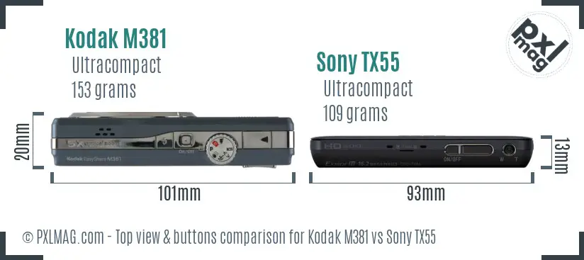 Kodak M381 vs Sony TX55 top view buttons comparison