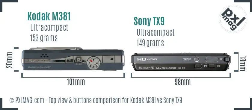 Kodak M381 vs Sony TX9 top view buttons comparison Kodak M381 vs Sony TX9 top view buttons comparison