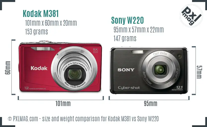 Kodak M381 vs Sony W220 size comparison